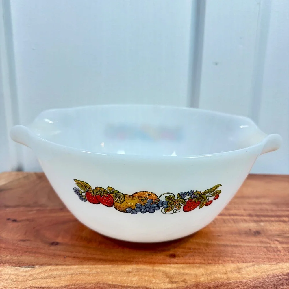 Vintage Fire-King Summerfield Fruit Milk Glass Mixing Bowl Anchor Hocking 1.5 Qt